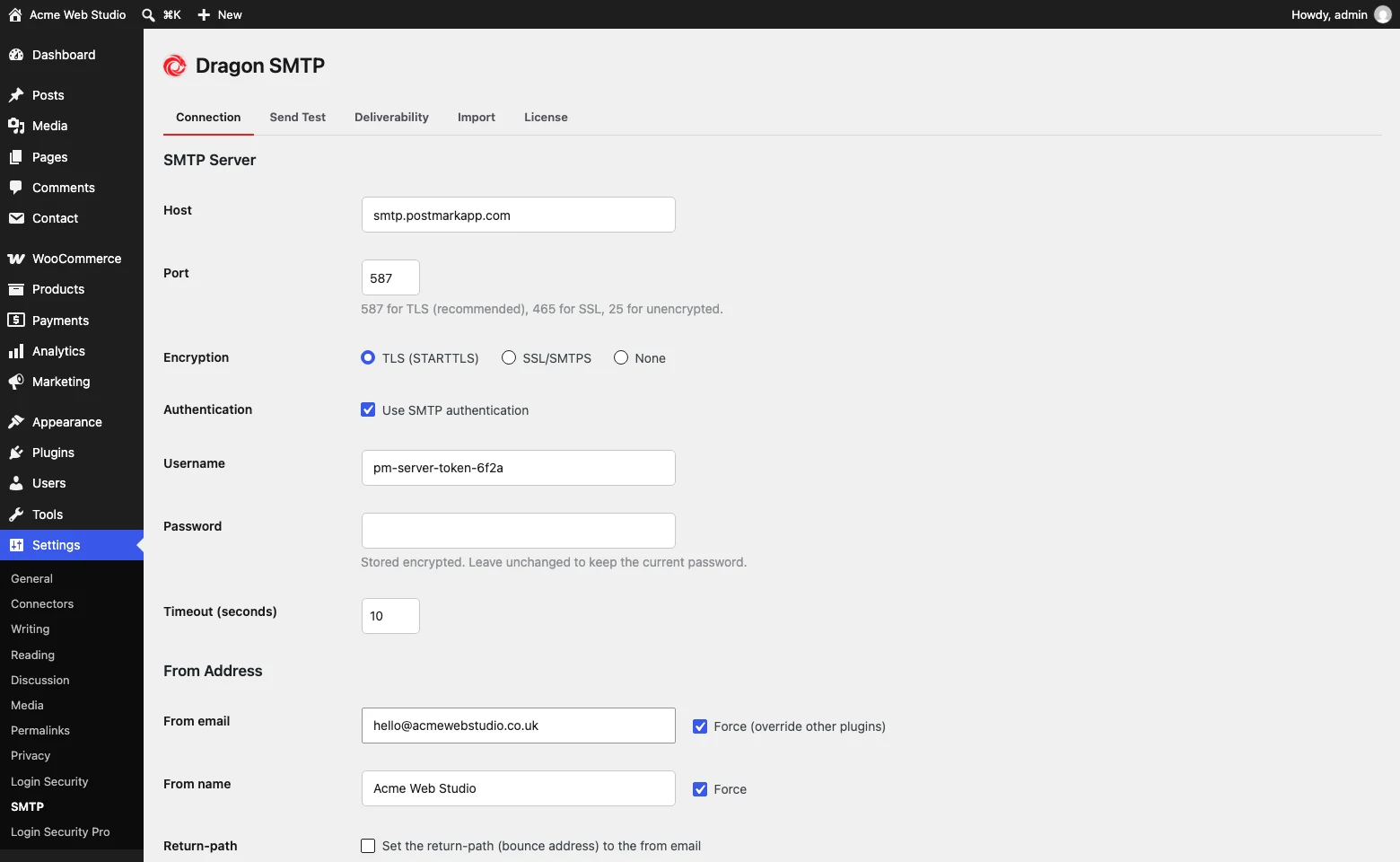 The Connection tab: host, port 587 with TLS, credentials stored encrypted, and a forced From address at your own domain.