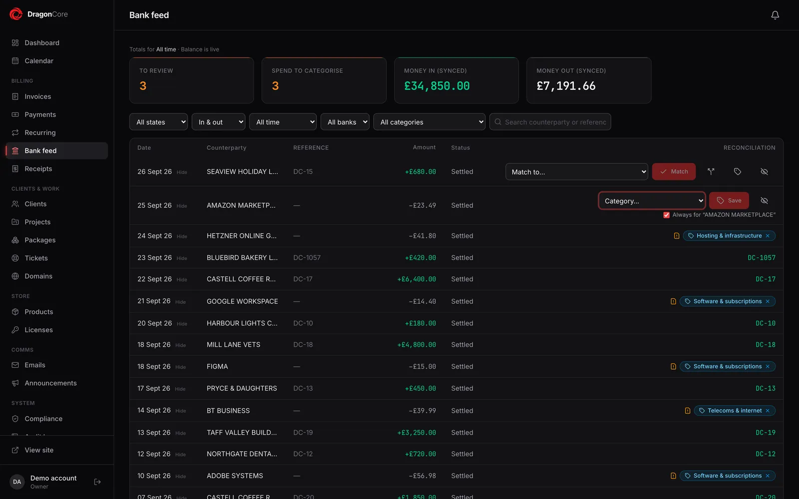 The Dragon Core accounts bank feed, with payments matched to invoices and spending categorised