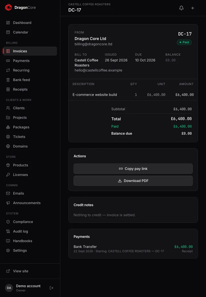 Dragon Core accounts, showing example data on a tablet
