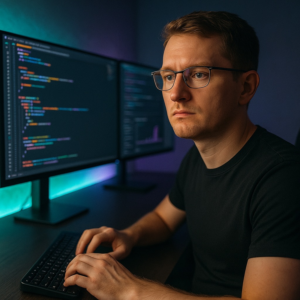 Richard Powell, founder of Dragon Core, working at his desk